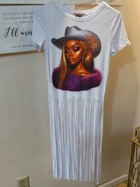 White Fringe Graphic Maxi Shirt with Purple Portrait
